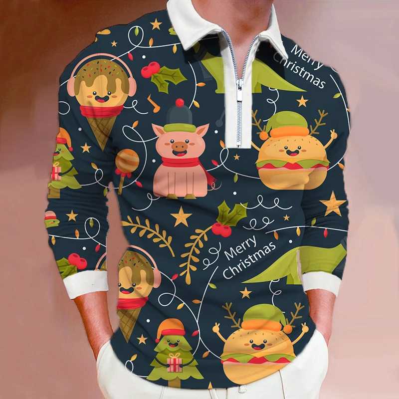 Christmas pattern 3D digital printing casual long sleeved mens zipper shirt spring autumn mens sports top lapel shirt W241106