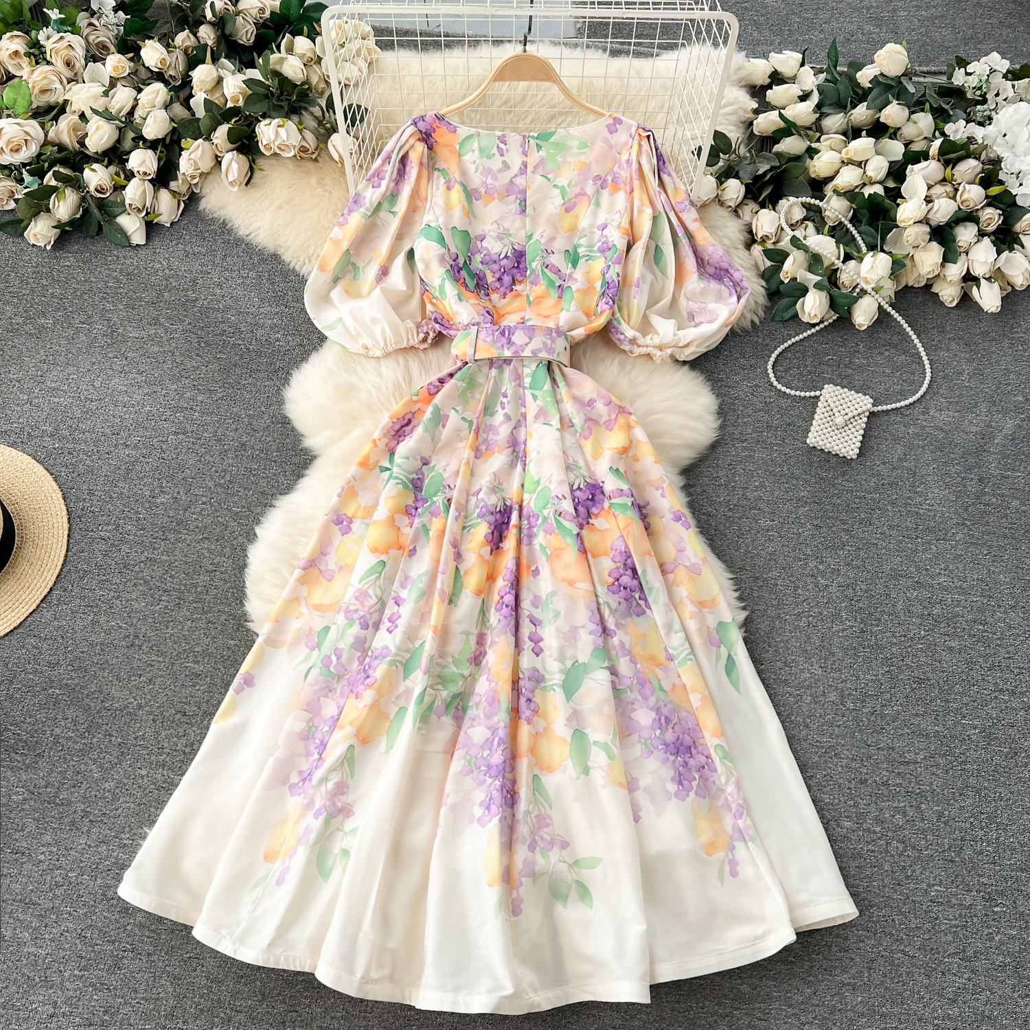 Dresses Fashion Summer Holiday Ral Print Robe Dress Short Puff Sleeve V-Neck A-E Belt Beach Party Vestidos Women En Maxi Clothes