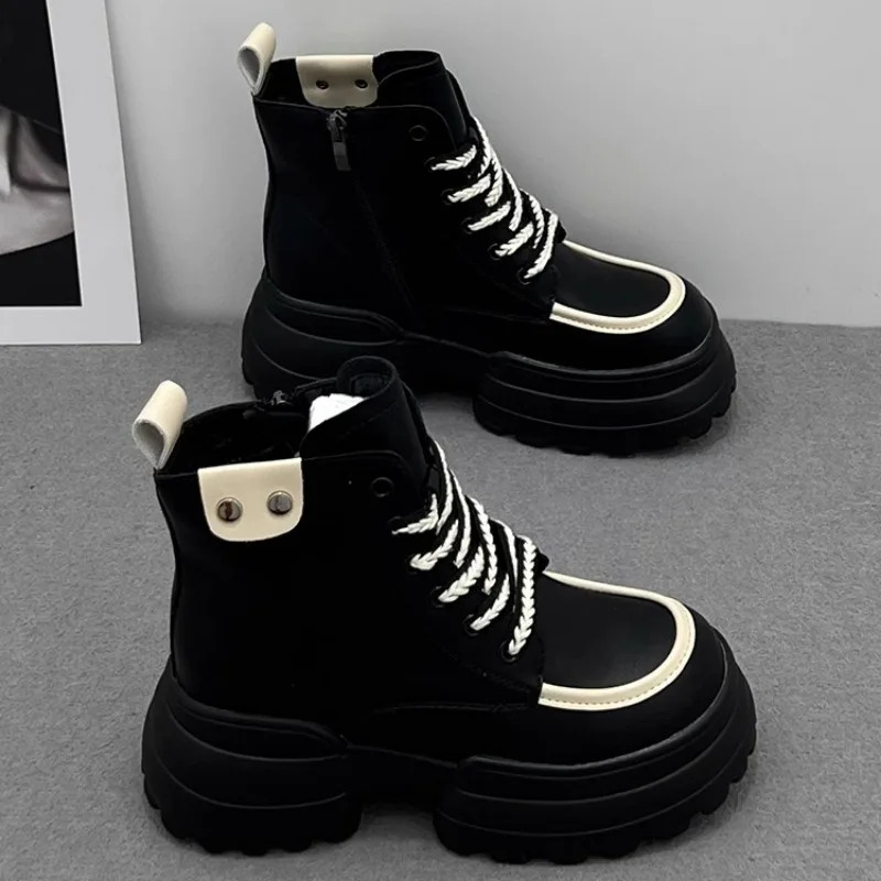 2025 New Women's Ankle Lace Casual Boots Outdoor Mixed Color Round Head Snow Boots High Top Side Zipper Warm Shoes For Women