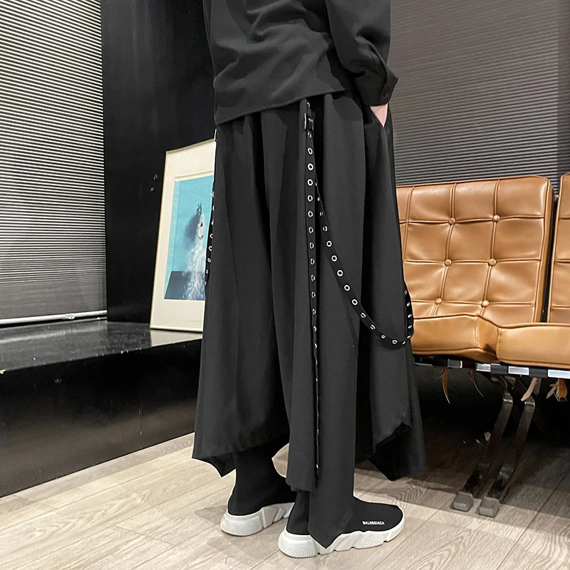 Men Ribbon Dark Black Wide Leg Pants Male Punk Gothic Harem Trousers Kimono Skirt Winter Women Irregular Big Hem Pant 241104