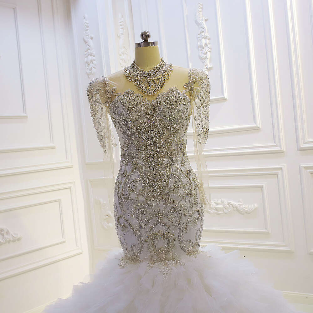 Heavy Beading High Neck Long Sleeve Ruffles Mermaid Wedding Dress