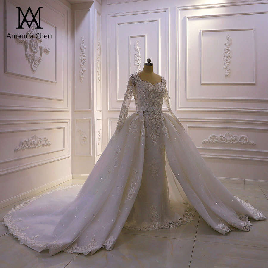 robe demoiselle d'honneur Long Sleeves Lace Applique Detachable Train Wedding Dress