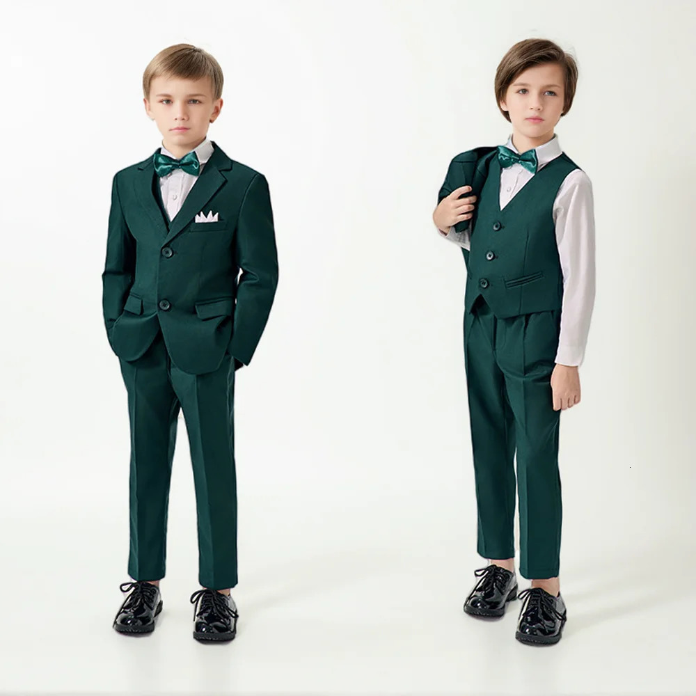 Boys Green High-end Suit Set Child Performance Wedding Birthday Pography Costume Kids Blazer Vest Pants Bowtie Outfit 241106