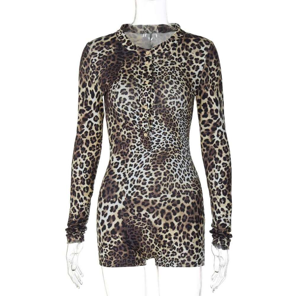 Talenza Women's New Fashion Leopard Print Long Sleeve Bodysuit Street Casual Sports Jumpsuit Party Set