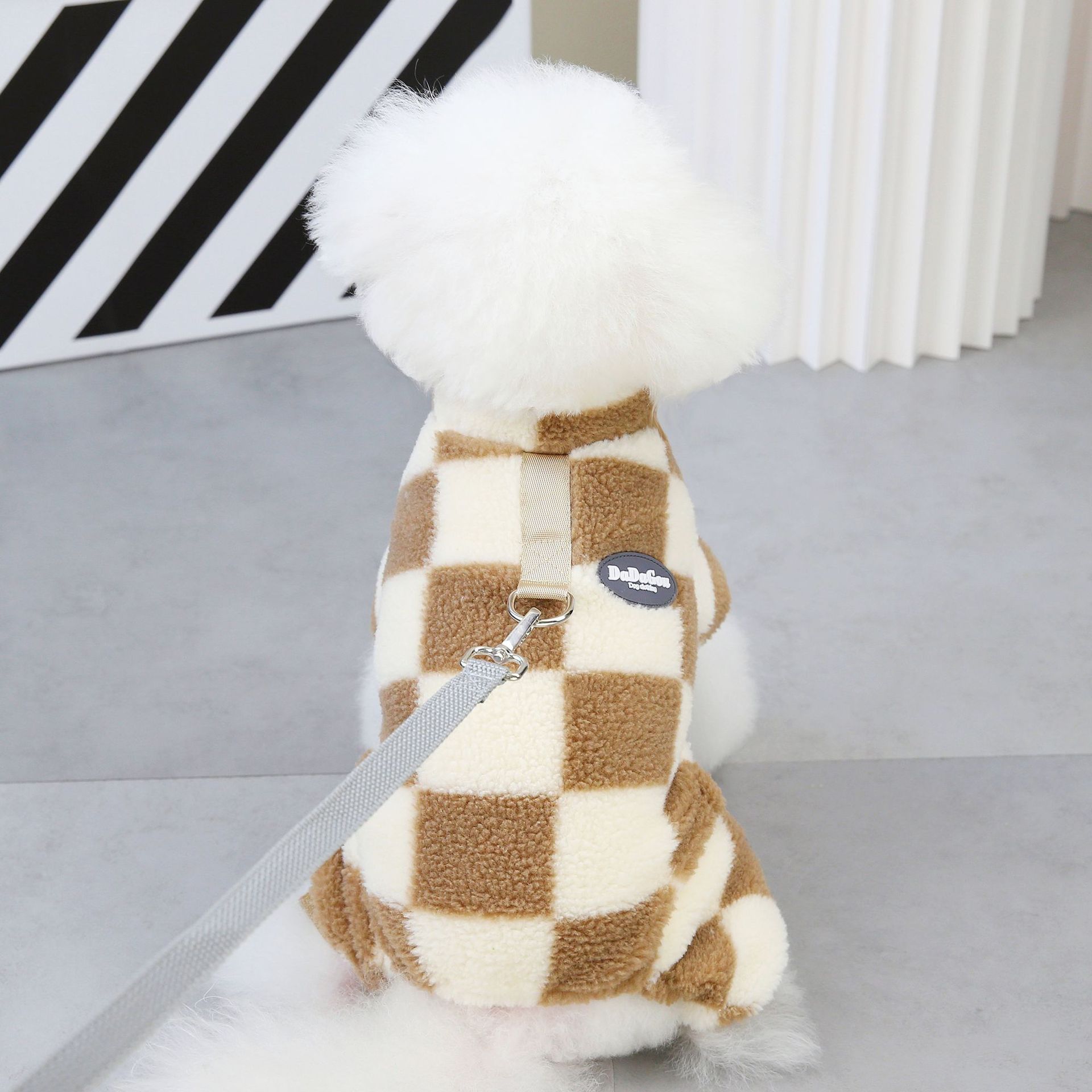 Top Selling Dog Clothes Matching With D Ring Dog Rompers Coral Fleece Pet Four legs Clothes Big Checkers