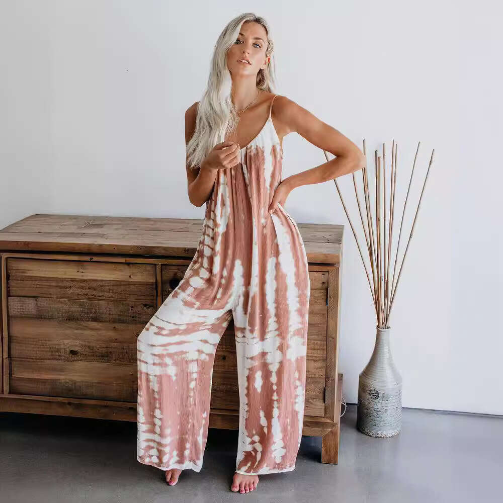 2024 New Summer Women's Jumpsuit Suspender Sexy Wide Leg Casual Printed Pants