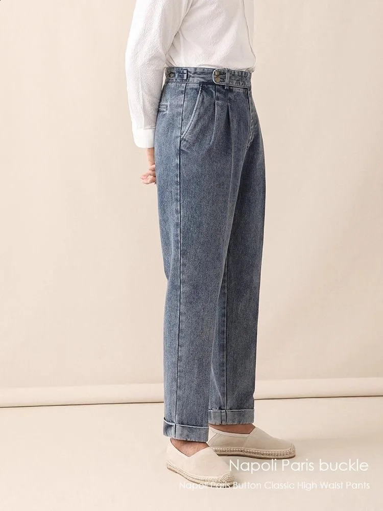 Fashion Vintage Men Naples Jeans Pants British Styles Waist Buckle Trousers Autumn Business Gentleman Casual Denim 241104