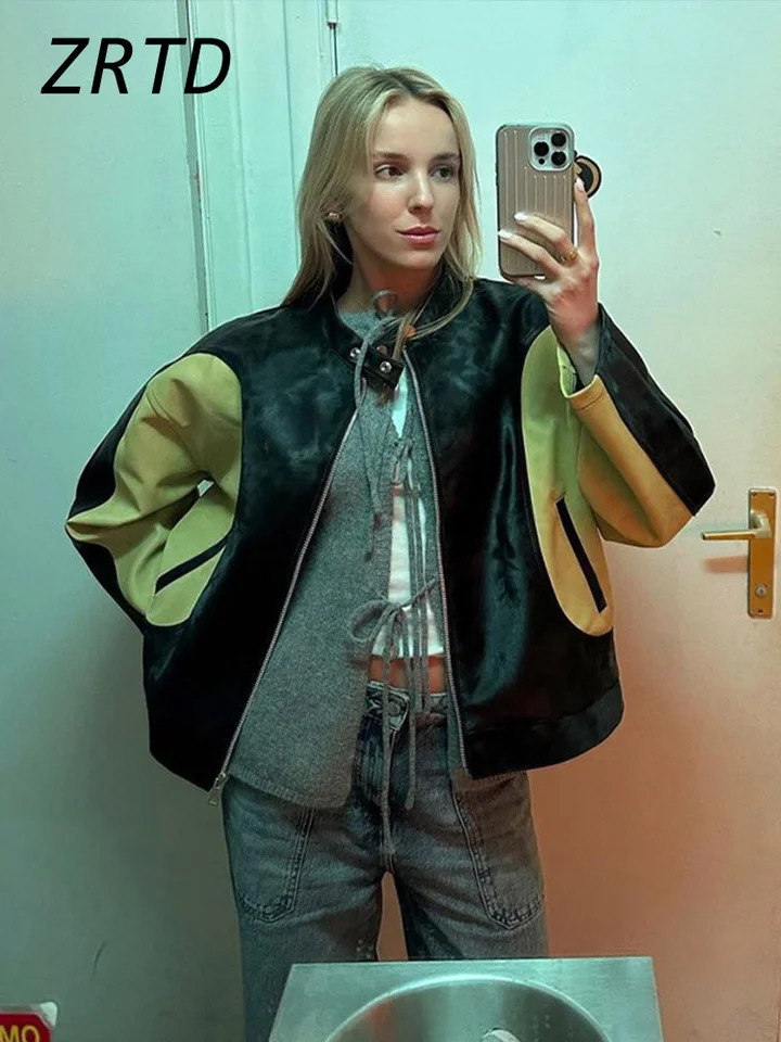 Vintage Patchwork Womens Leather Jacket Loose O-neck Long Sleeve Zipper Moto Biker Coats 2024 Autumn Lady Contrast Y2K Outwear 241106