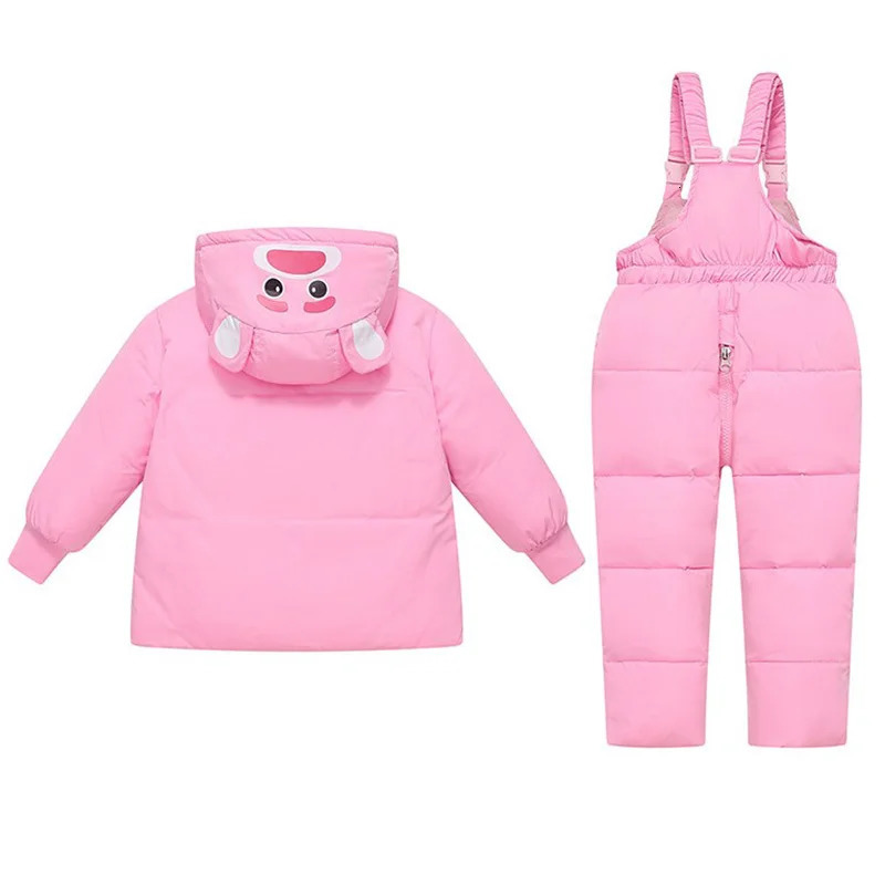 Winter Children Girl 2PCS Snowsuit Set Cartoon Bear Hooded Down Jacket Solid Jumpsuit For Girls Toddler Girl Overalls Suit 241106