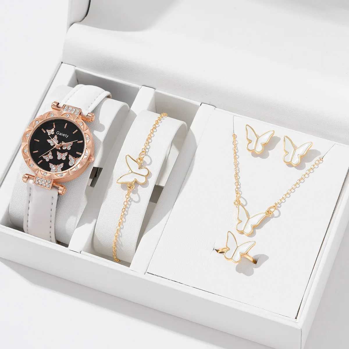 6/1-piece thermometer ring necklace earring bracelet set leather strap womens quartz watch (no box) X241106