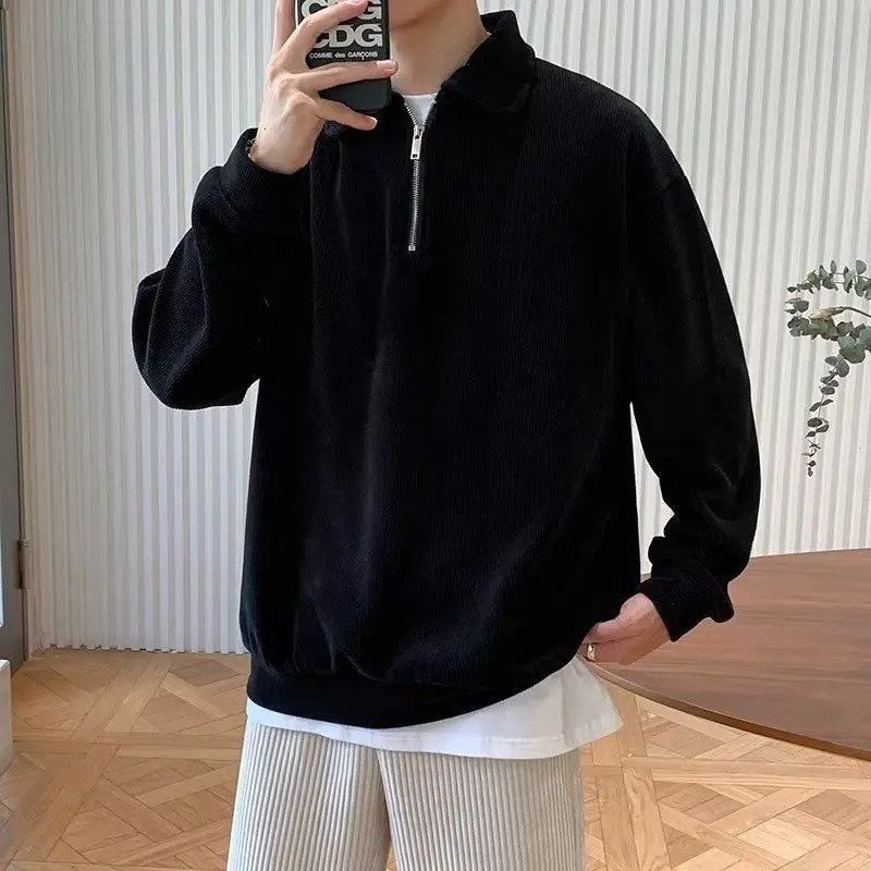 Polo T-Shirts For Men Fashion Versatile Casual Solid Color Sweater Jacket Zip Long Sleeved Loose Fitting Shirt Autumn 241106
