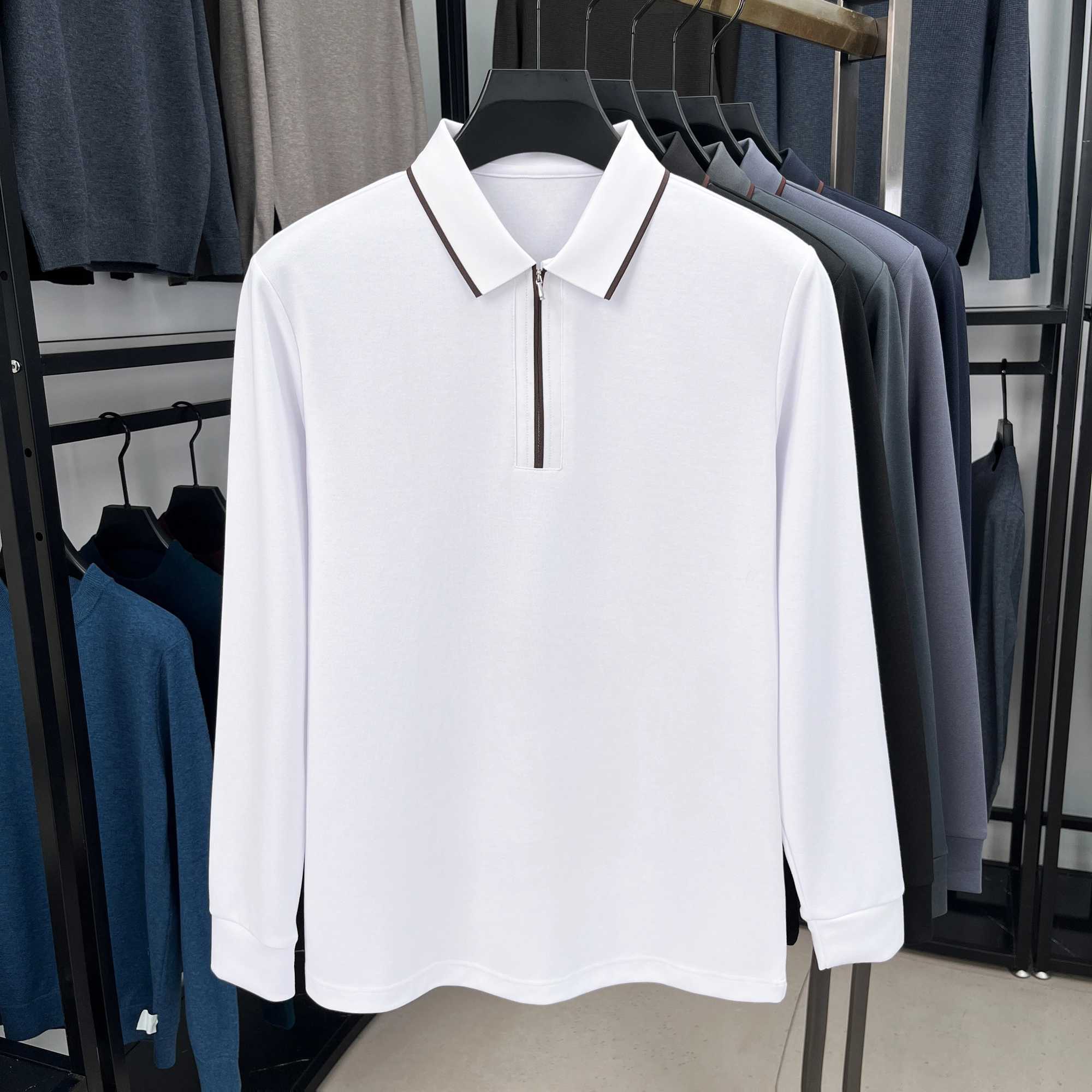 High end brand long SVE shirt mens autumn luxury silk cotton half zipper lapel T-shirt fashionable casual mens clothing W241106