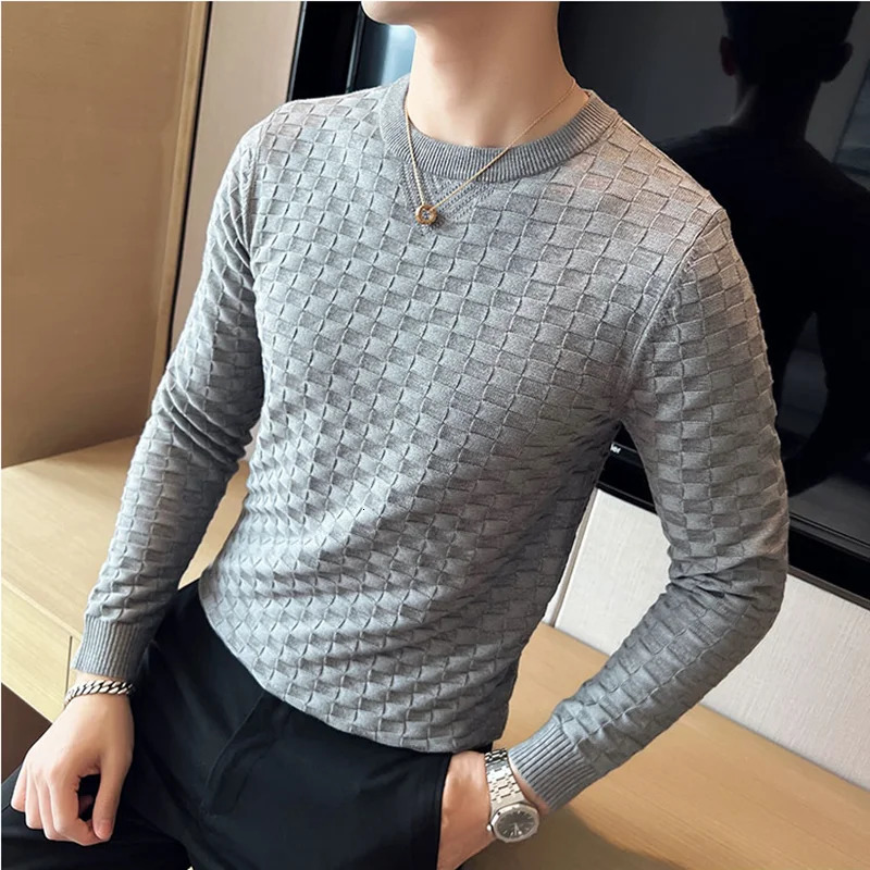 Autumn Winter Stretch Jacquard Woven O-Neck Sweater Mens Waffle Slim Fit Long Sleeve Knitted Pullovers Casual Streetwear Homme 241106