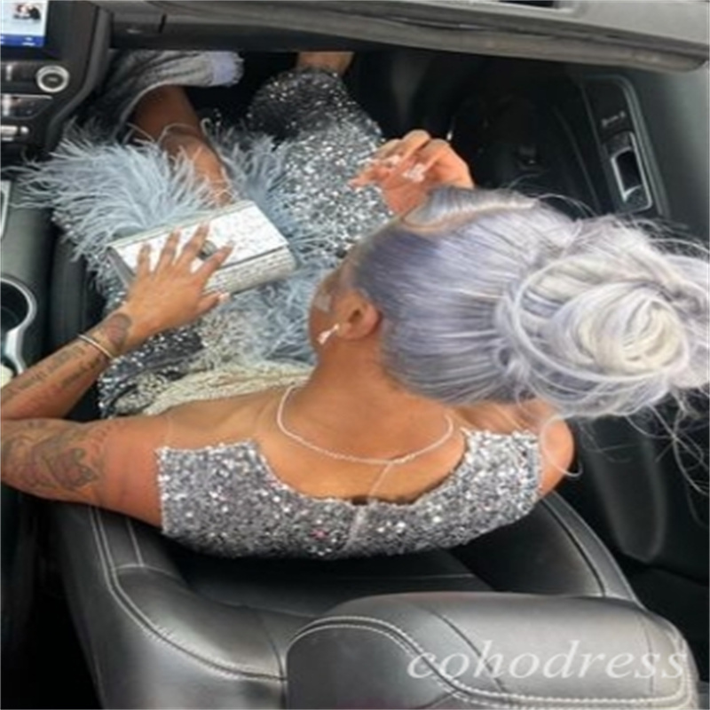 Exquisite Gray Sequin Prom Dresses With Feather Sparkly Front Slit Mermaid Evening Gowns Black Girls Glitter Birthday Dress Fifteen Party Dress Pagean