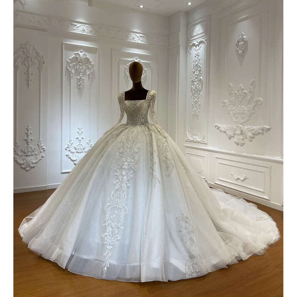 Customized Square Neck Full Lace Long Sleeve Bridal Ball Gown Wedding Dress