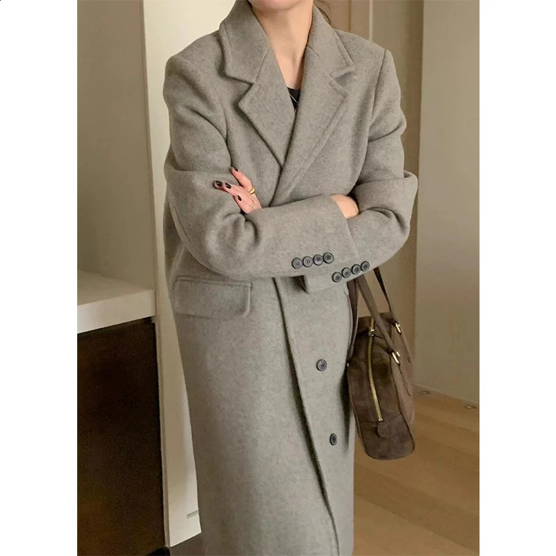 MEXZT Long Wool Blends Coat Streetwear Black Woolen Jackets Elegant Commute Blazer Overcoat Winter Korean Chic Outerwear 241105