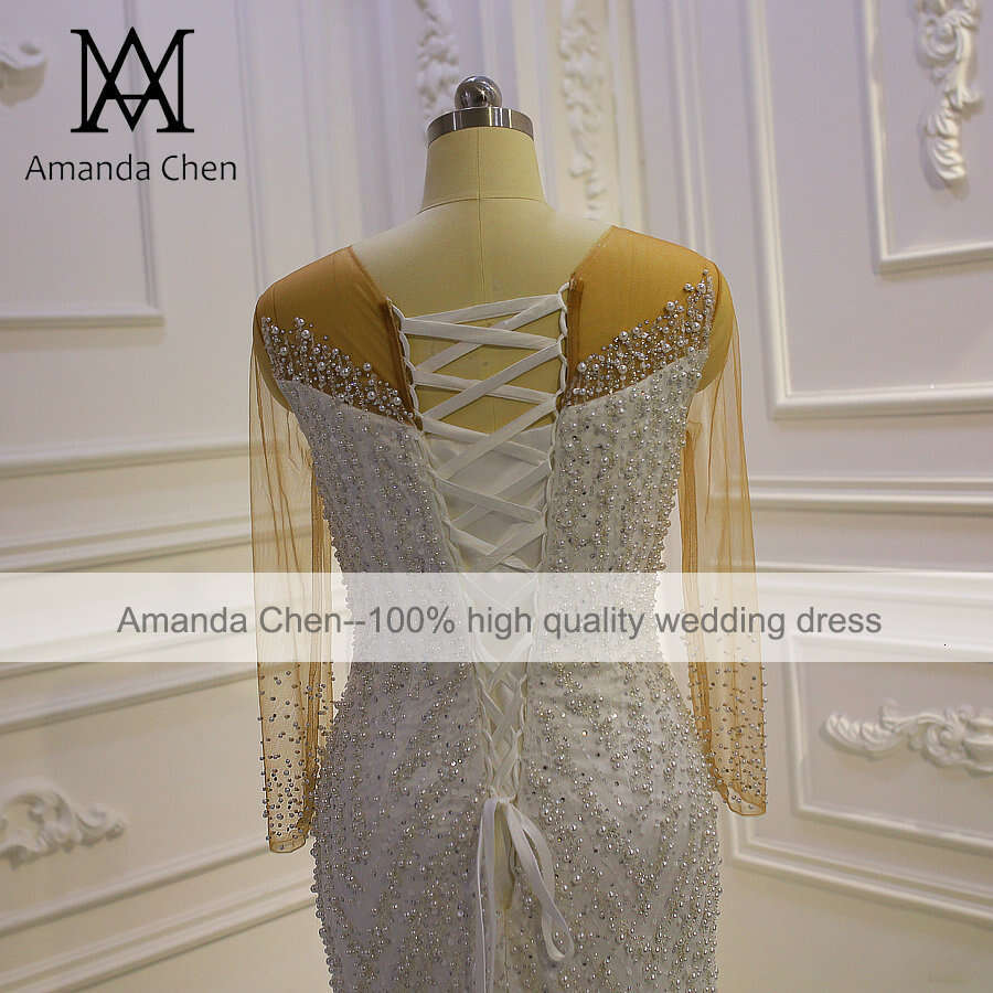 bridal dress Long Sleeve Lace Appliqued Handwork Pearls Detachable Skirt Wedding Dress