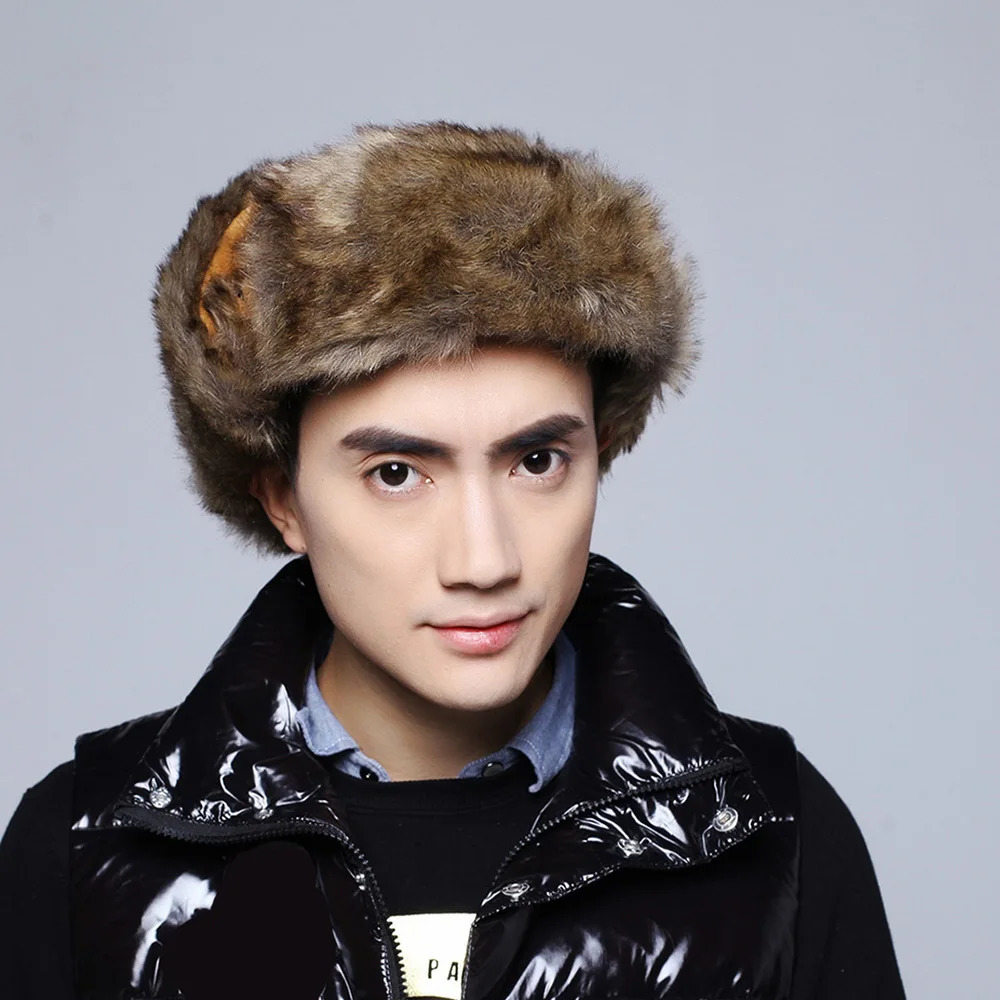Mens Winter Trap Bomber Hat Thick Artificial Fur Ear Hood Russian Suede Ski Hat Outdoor Warm Plush Ear Hood 241106