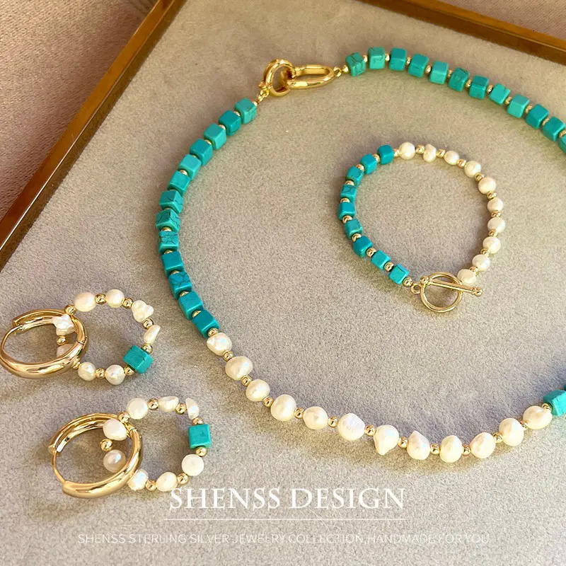 Jewelry Set Natural Freshwater Pearl Blue Turquoise Necklace Bracelet Earrings Copper Plated 14k Gold Accessories Jewelry 241106