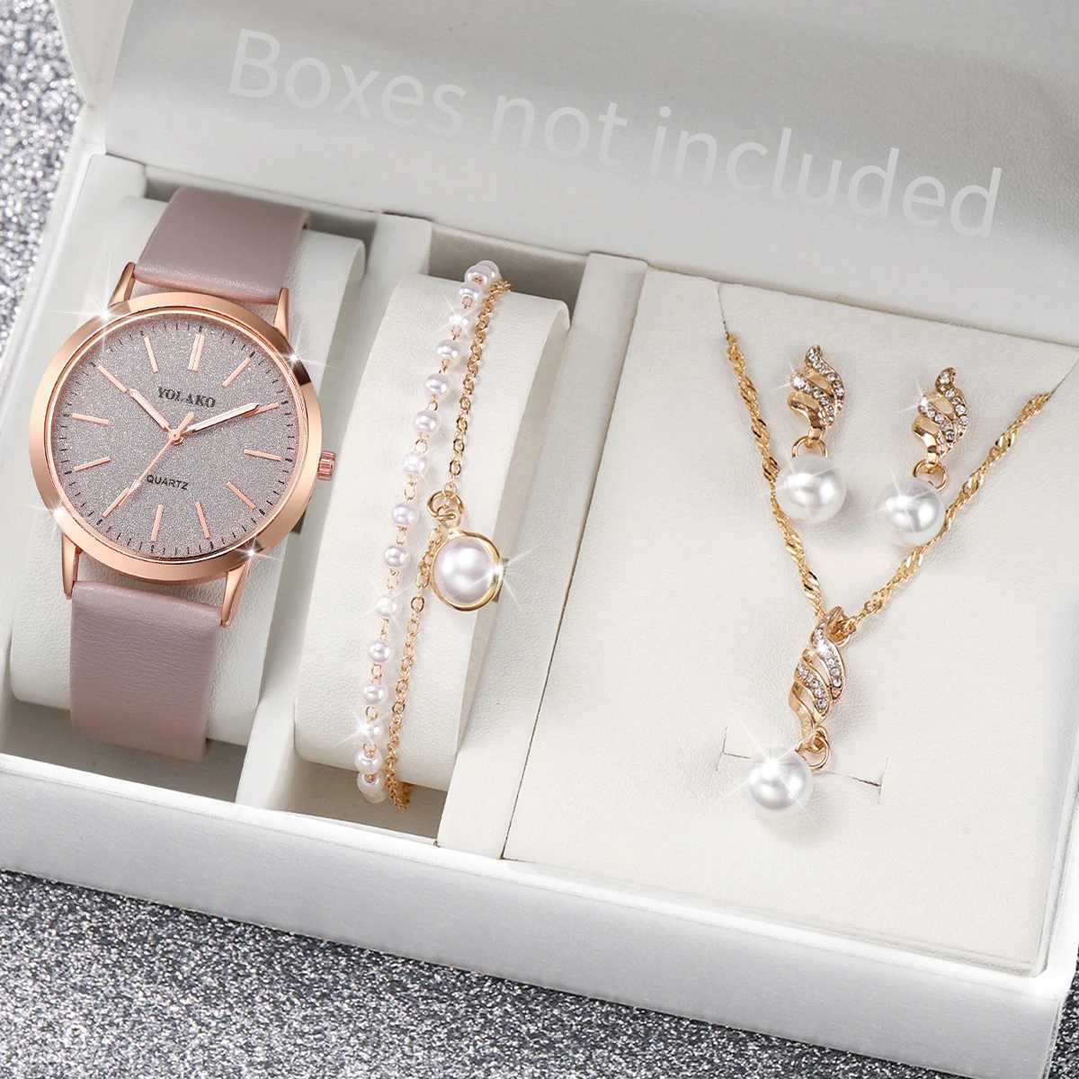 5-piece Wens Watch Fashion Matte Dial Leather Strap Quartz Watch Pearl Jewelry Set (No Box) X241106