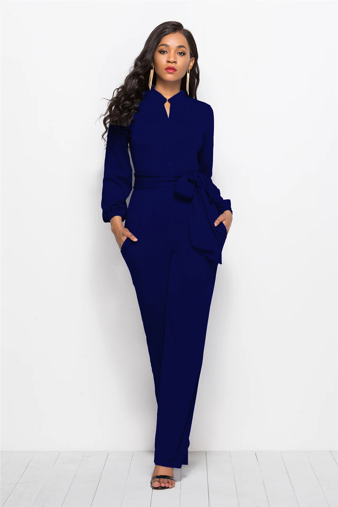 Temperament Solid Color Slim Jumpsuits Women Fashion Long Sleeve Buttons High Waist Leace-up Jumpsuit Ladies Commuting Clothing 241105