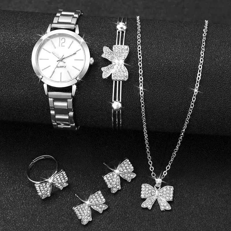 6 pieces of fashionable minimalist SC womens alloy CPACT quartz watches with bow necklaces rings earrings set X241106