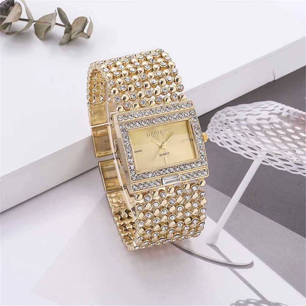 Ladies luxury gold and stone English watch fashion diamond set square crystal design casual skeleton watch dress watch X241106