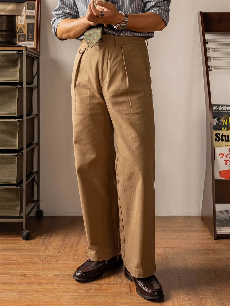 Red Tornado HBT Officers Trousers High Rise Wide Leg Pleated Pants Straight Fit 241104