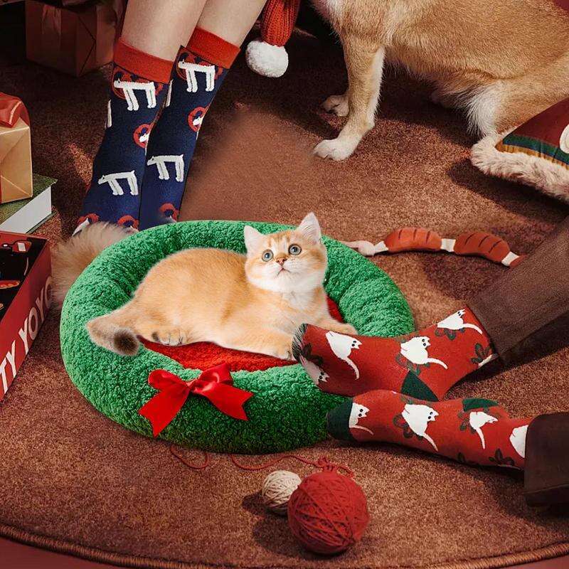 Cat Christmas Kitten Puppy Soft Round Cushion Comfortable Pet Plush Bed For Cats Or Small Dogs