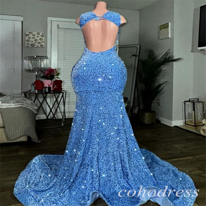 Amazing Blue Prom Dresses For Black Women Sparkly Sequin South African Mermaid Evening Dress Sequin Beaded Plus Size Birthday Dress Open Back Formal O