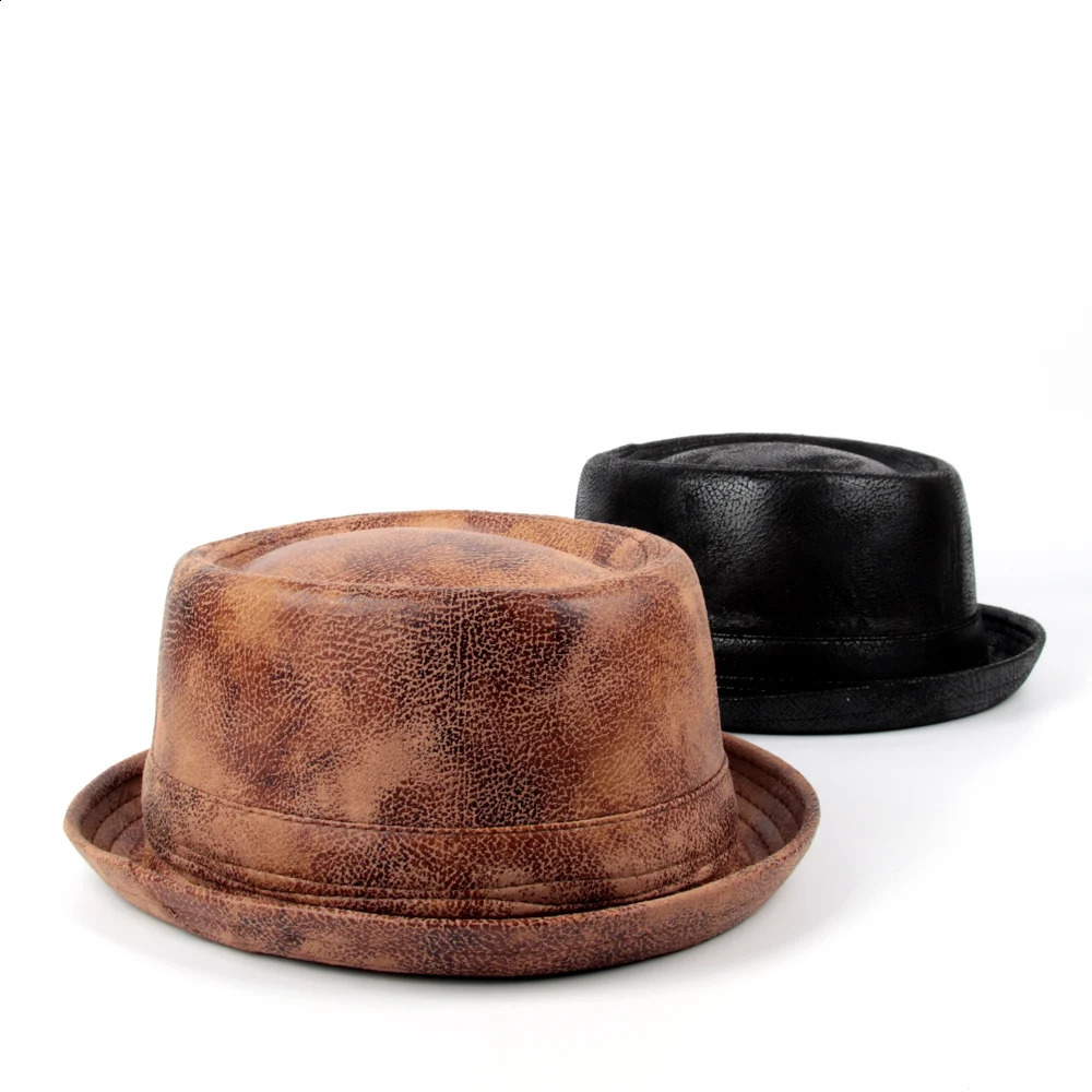 Mens Fedora Hat Leather Flat Top Pig Pie Hat Mens Bowling Church Jazz Sun Hat Big 4 S M L XL 241105