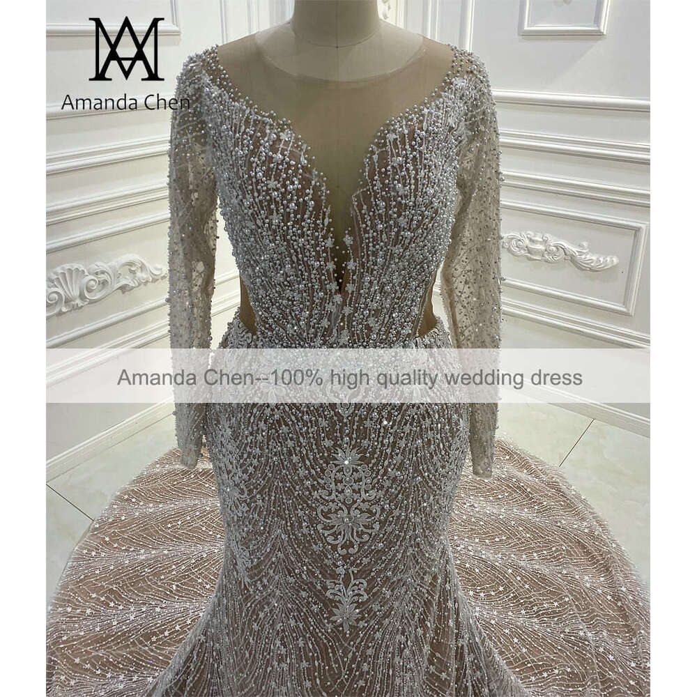 Popular Long Sleeve Beading Champagne Mermaid African Wedding dress