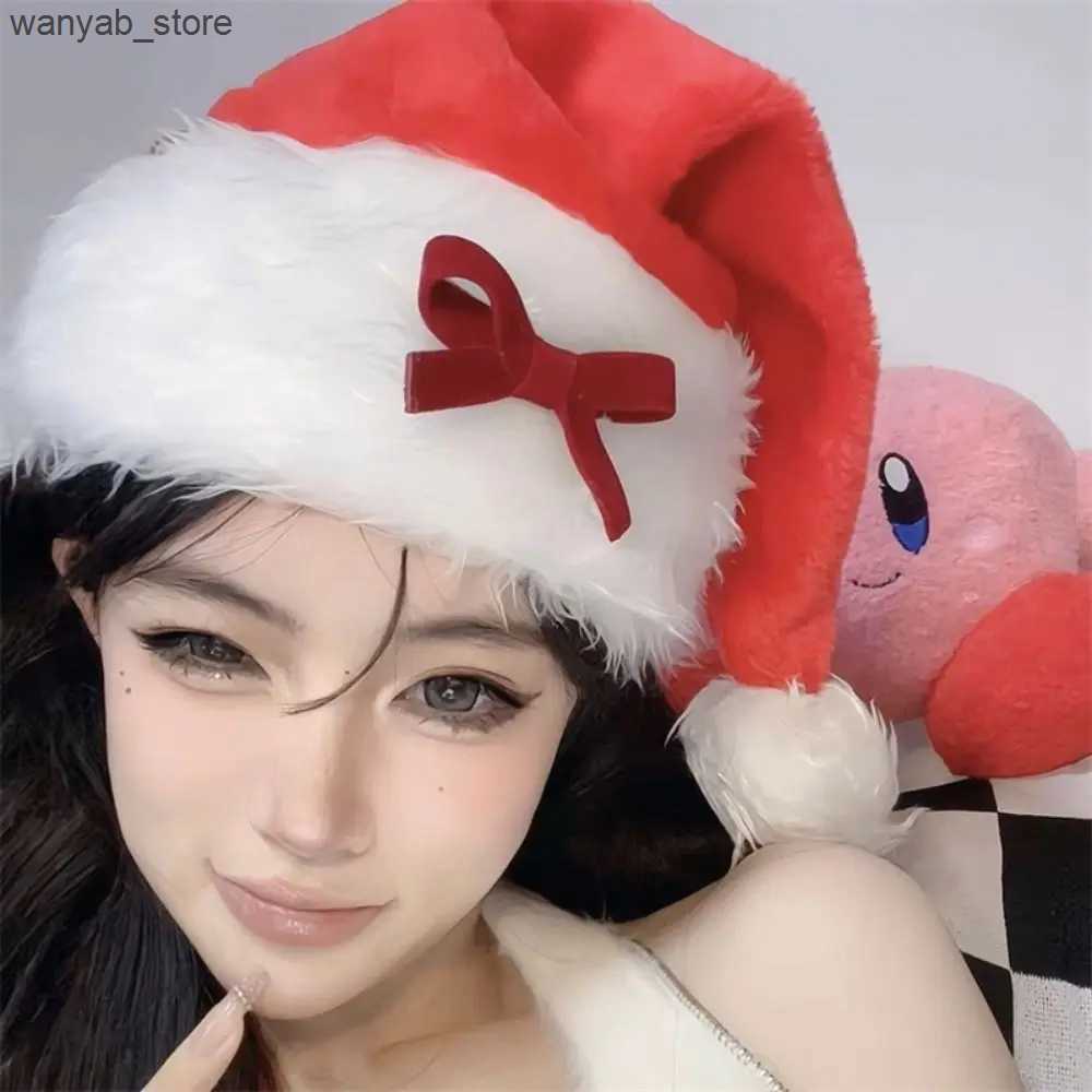 Wide Brim Hats Bucket Hats Warm Black Christmas Plush Hat Cloth Accessories Cartoon Plush Ball Soft Beanie Muffler Bow Santa Hat Boy L240910