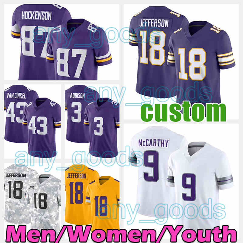 18 Justin Jefferson Football Jersey 9 J.J. McCarthy Andrew Van Ginkel JJ Harrison Smith T.J. Hockenson Sam Darnold TJ Addison Turner Ivan Pace Jr Aaron Jones Will Reichard