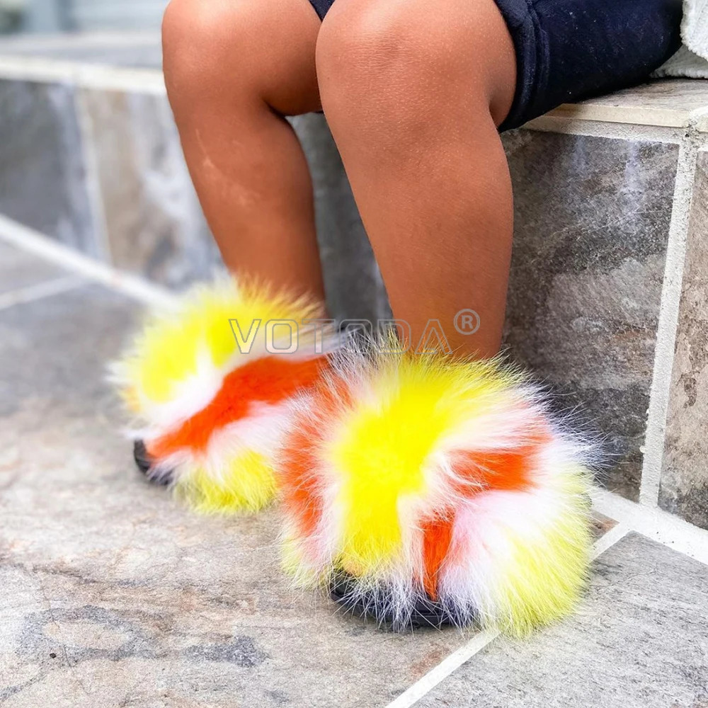 Fur Slides For Kids Furry Children Real Fur Slippers Strap Fluffy Raccoon Flip Flops Baby Sandals Girls Cute Funny Shoes Toddler 241106