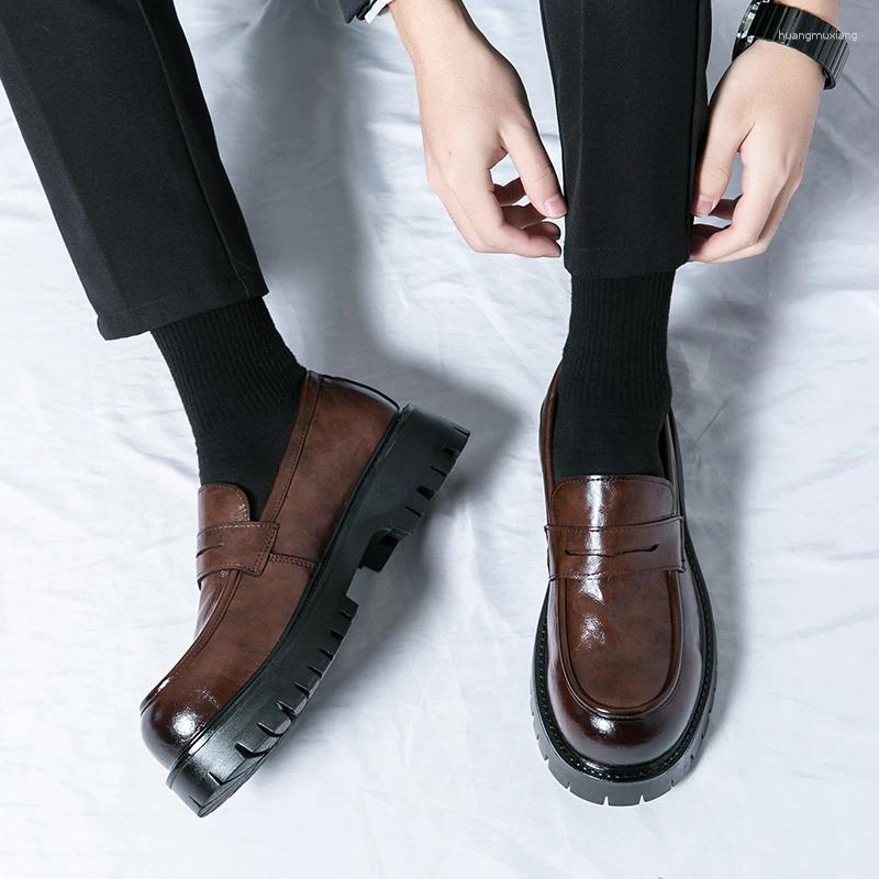 Casual Shoes Man Black Loafers Leather Solid Color Thick Soled Fashion Round Toe Daily Wedding Dress Party Faux Suede
