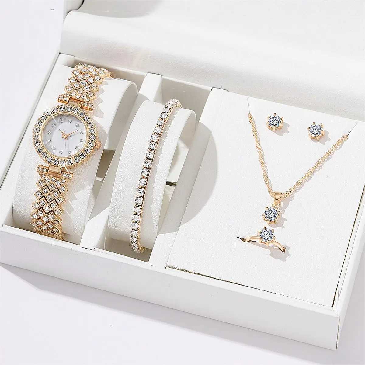 Luxury watch necklace earring bracelet set silver leather strap ladies quartz watch no box X241106