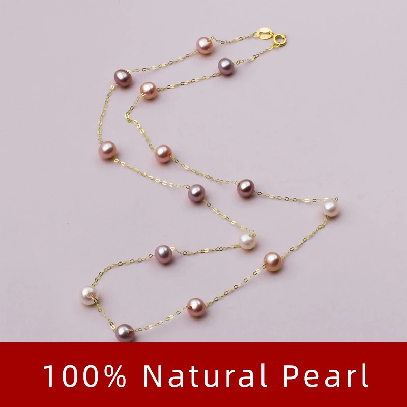 XF800 Real 18K Gold Natural Pearl Necklace Au750 Fine Jewelry Near Round Aniversary Gift for Women Mix Color X321-1 241106