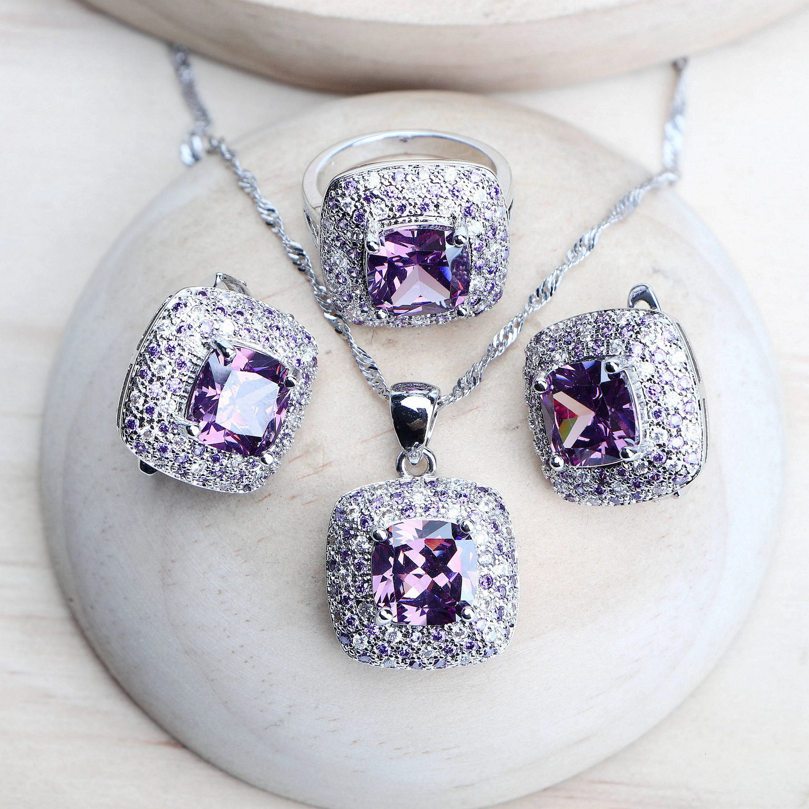 Purple zirconia female bride jewelry set silver 925 exquisite clothing jewelry wedding earrings ring bracelet pendant necklace 241106