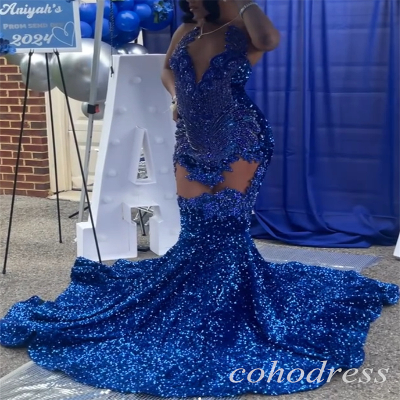 Luxury Sequin Prom Dresses Rhinestone Beaded Mermaid Black Girls Evenin Dress Plus Size Glitter African Birthday Gown Gorgeous Robe De Soiree Formal O
