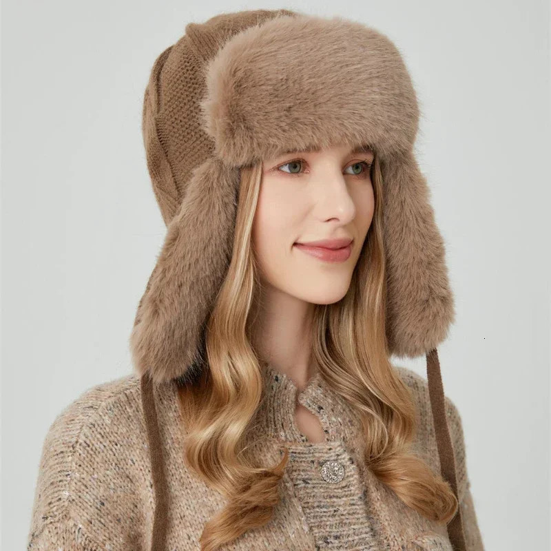Waterproof Womens Winter Hunter Pilot Cavalry Hat Earrings Warm Russian Hat Ski Bomber Hat Knitted Earrings Protector Ushanka Hat 241106