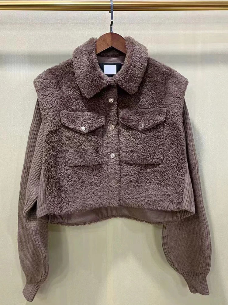 IOO Winter Thick Warm Wool Fur Women Coats Knit Splice TurnDown Collar Pocket Faux Short Female Outwear Jackets Tops 241104