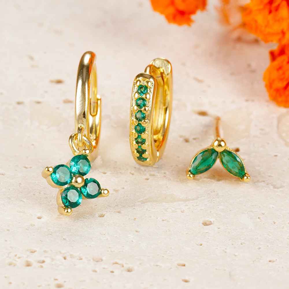 3PCS Exquisite Green Zircon Hanging Earrings Set for Women Stainless Steel Flower Dangle Earring Cartilage Piercing Jewelry 241106