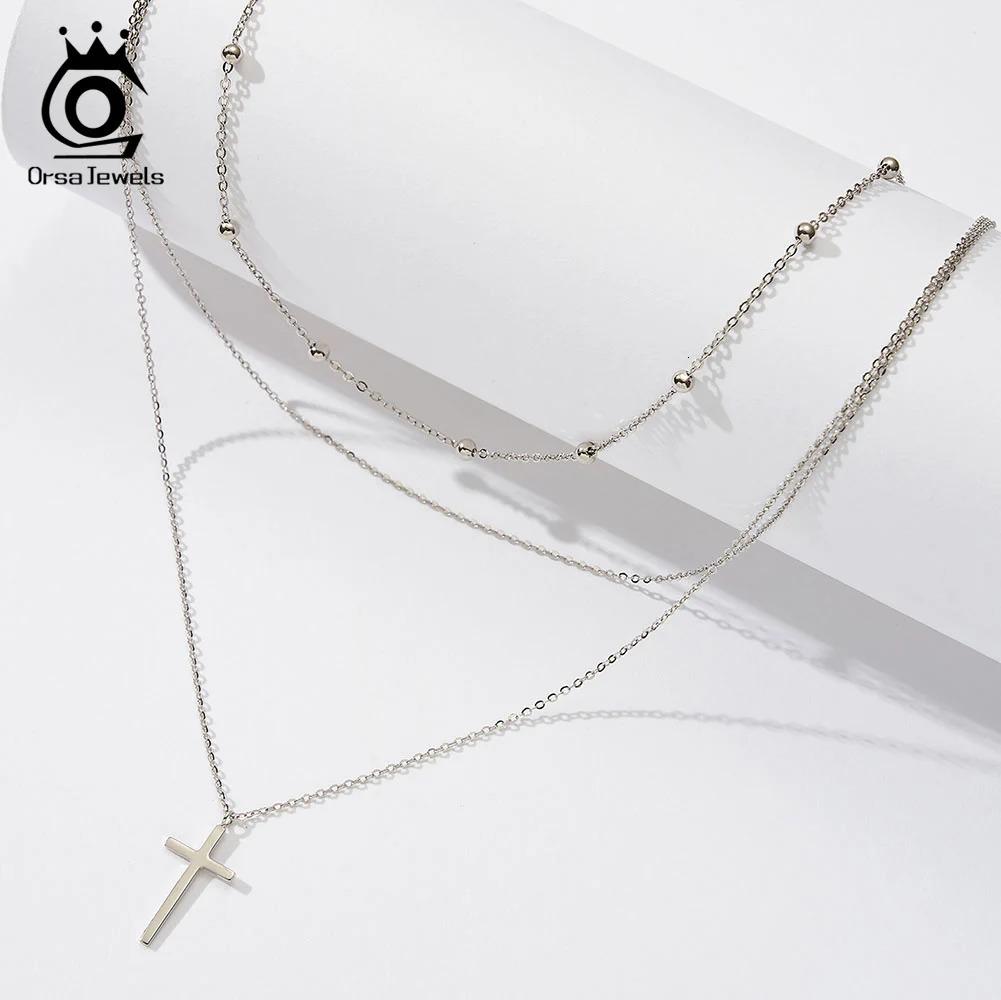 ORSA JEWELS Exquisite 14K Gold Three Layer Cross Pendant 925 Pure Silver Bead Chain Necklace Womens Party Jewelry BQN07 241106