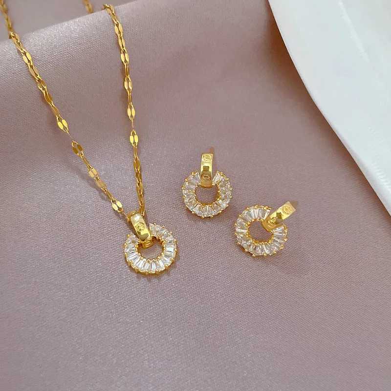 Premium Velvet Zircon Jewelry Set Stainless Steel Fashion Flower Pendant Necklace Earrings Party Gift X241106
