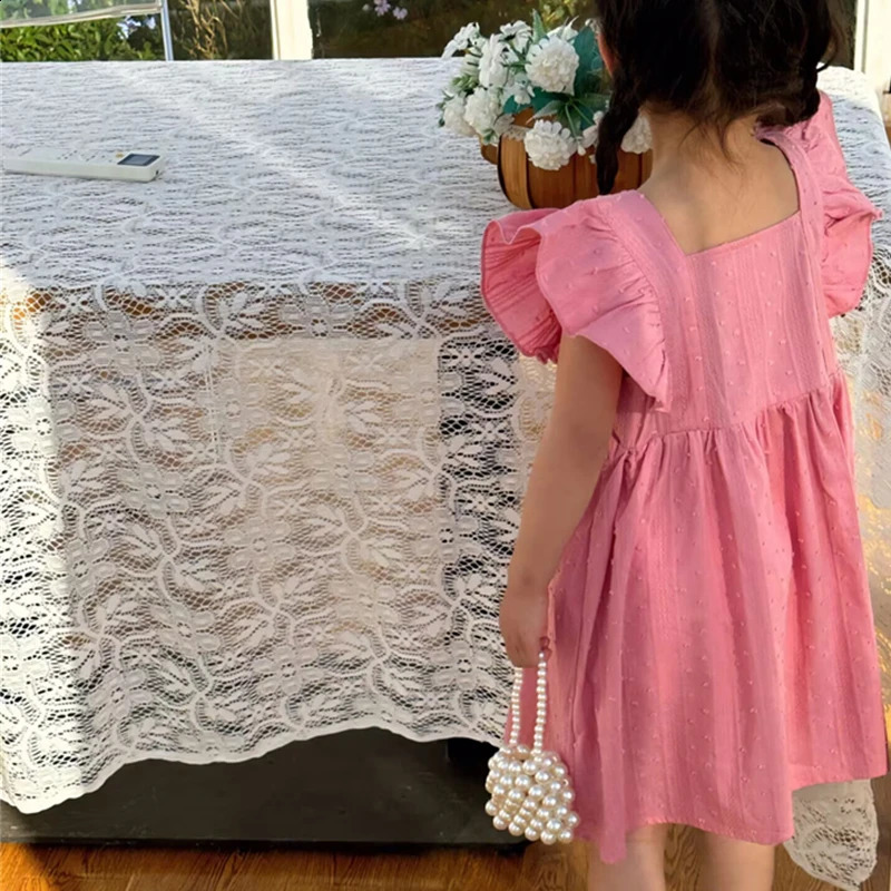 Girl Dress Summer Lovely Ruffle Sleeveless Solid Cotton Party Dresses for Children Casual Clothing Kids Fashion Style y240326bj