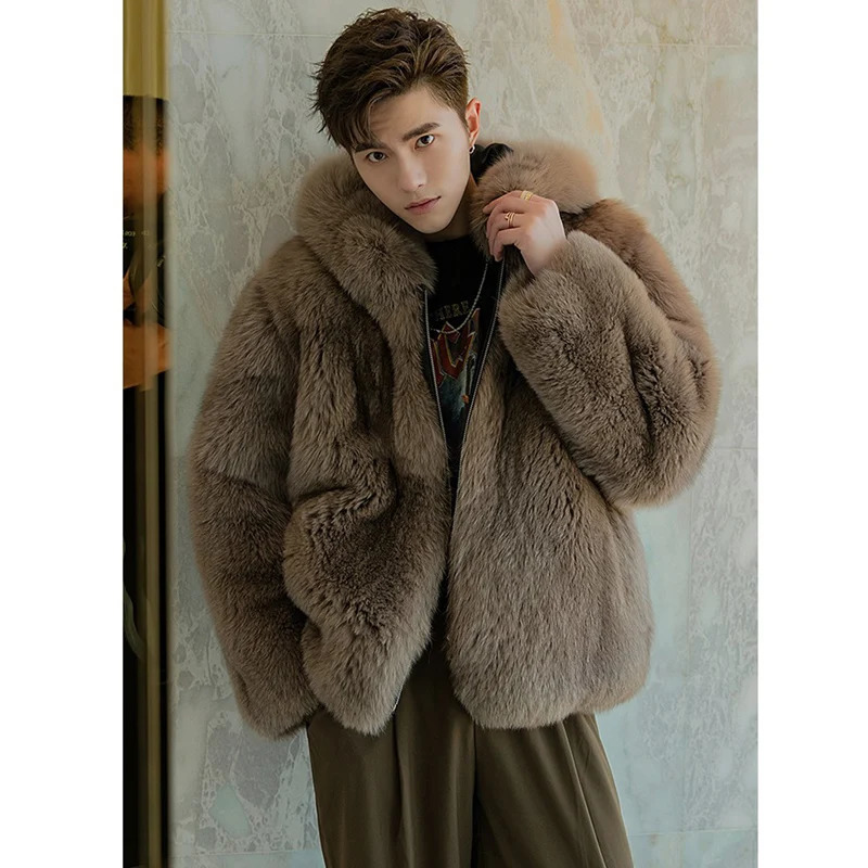 Fur coat mens fox fur short jacket autumn/winter warm wool coat mens leather hooded casual jacket 241106