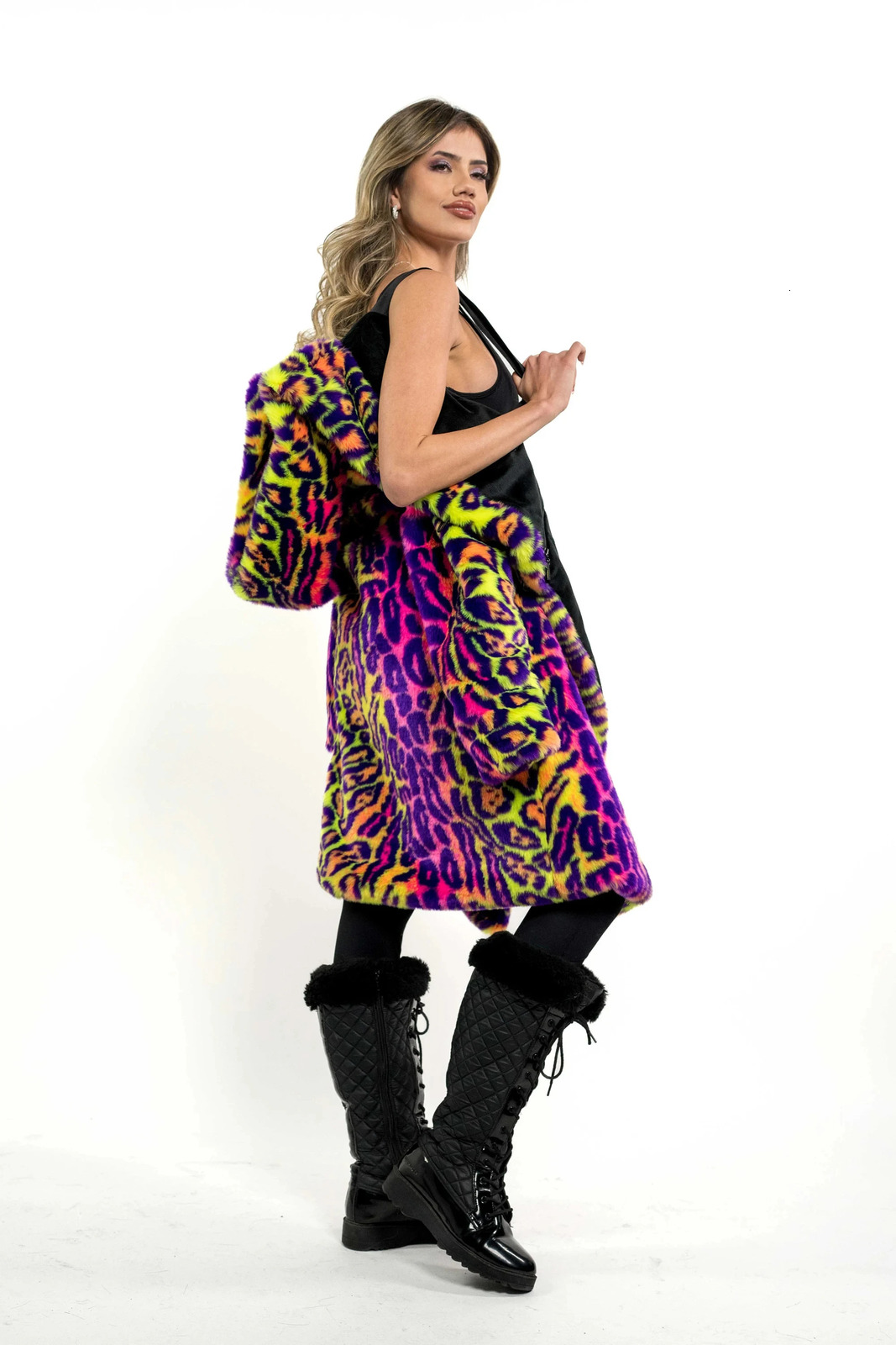 Womens Faux Fur Jacket Long Autumn And Winter Coat For Women In Neon Glitzy Leopard Print Hooded 241104
