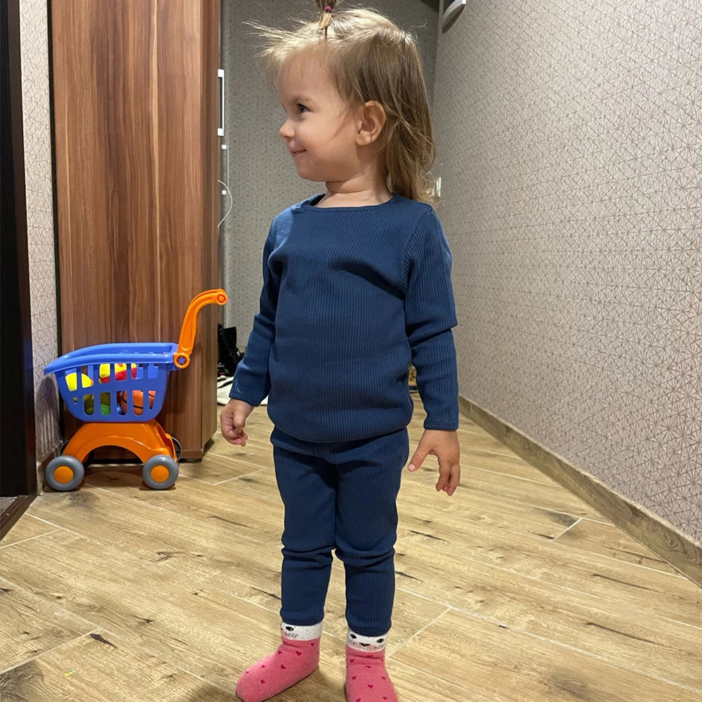 2024 Custom Toddler Kids Ribbed Knitting Pajamas Solid Cotton Winter Lounge Boy Girl Casual Pyjamas Children Warm Sleepwear 240327