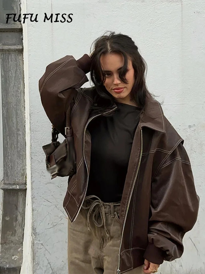 Vintage Solid Lapel Leather Jacket Women Long Sleeve Zipped Pocket Loose Coat 2024 Autumn Lady High Street Locomotive Outerwear 241106